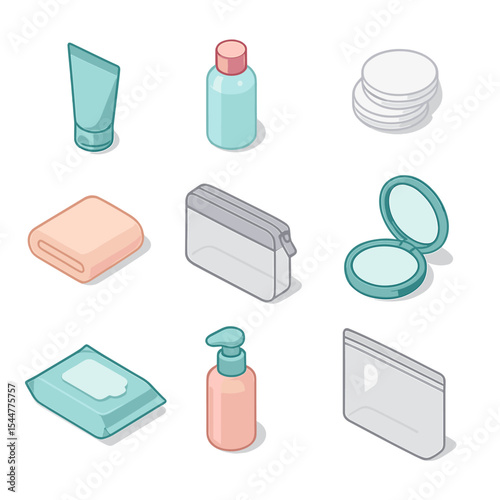 Travel Beauty Essentials Icons. Isometric Flat icon set of travel makeup removal essentials: travel-sized cleanser tube, mini