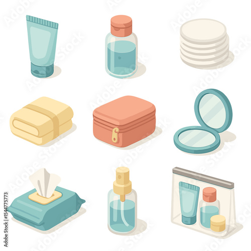 Travel Beauty Essentials Icons. Isometric Flat icon set of travel makeup removal essentials: travel-sized cleanser tube, mini