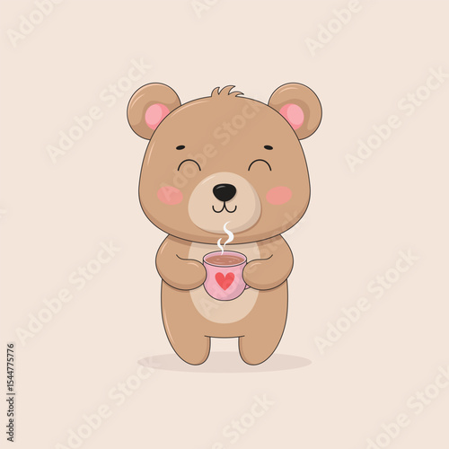 Little cute teddy bear holds a cup of coffee in its paws. Cartoon character vector illustration.