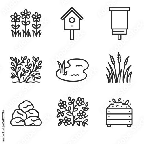 Habitat Enhancement Icons. Outline icon set of habitat enhancement: insectary flower bed, birdhouse, bat box, hedgerow strip, pond