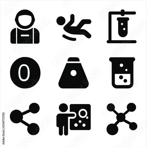 Microgravity Research Icons. Solid, filled icons set of microgravity research