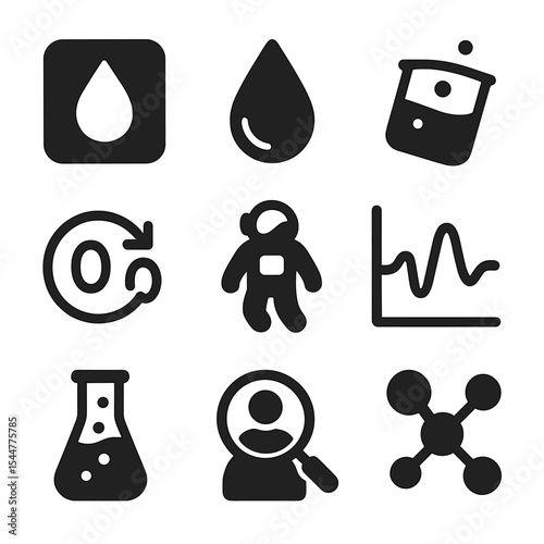 Microgravity Icon Set. Solid, filled icons set of fluid behavior in microgravity