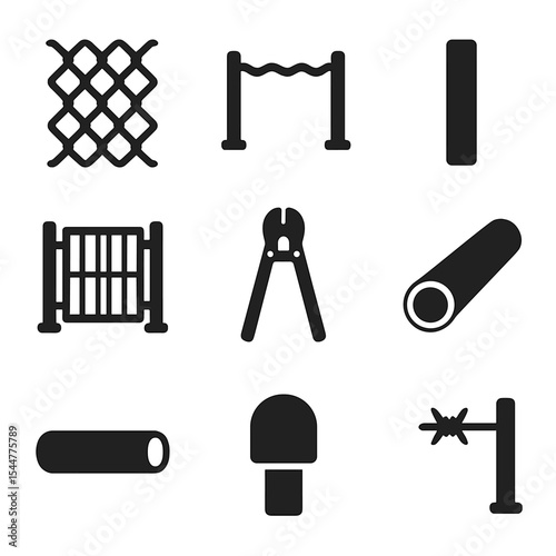 Metal Fence Icons. Solid, filled icons set of metal and chain-link fences: chain mesh, tension wire, steel