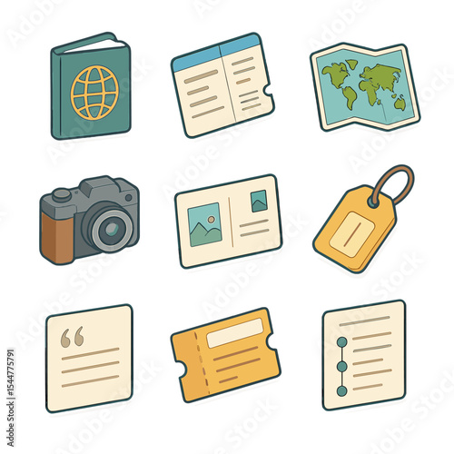 Travel Icon Collection. Isometric Flat icon set of travel journaling elements: passport sketch, boarding pass stub, world map,