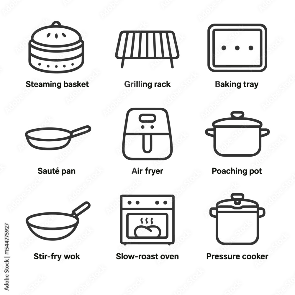 Obraz premium Healthy Cooking Icons. Outline icon set of healthy cooking methods: steaming basket, grilling rack, baking tray, sauté pan, air