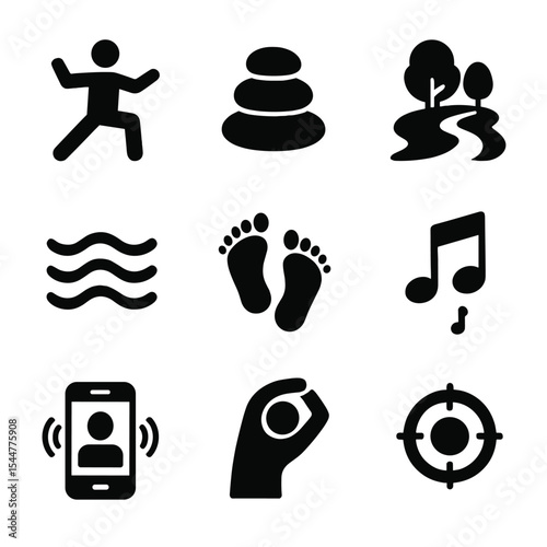 Mindful Movement Icons. Solid, filled icons set of mindful movement practices: tai chi pose, balance stone,