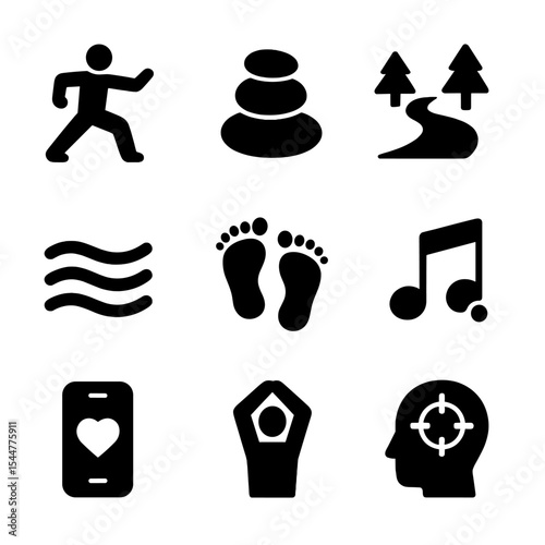 Mindful Movement Icons. Solid, filled icons set of mindful movement practices: tai chi pose, balance stone,