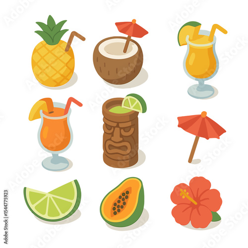 Tropical Cocktail Icons. Isometric Flat icon set of tropical fruit cocktails: pineapple, coconut, mango, papaya, lime wedge, tiki