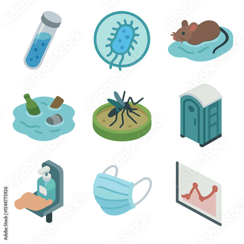 Health Hazard Icons. Isometric Flat icon set of health and sanitation hazards: contaminated water sample, waterborne bacteria icon
