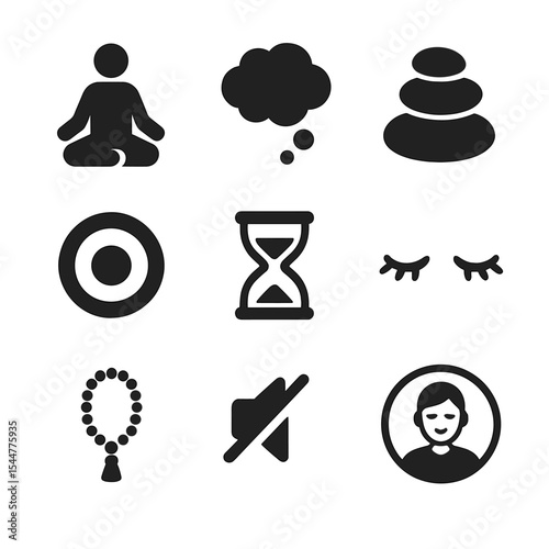 Mindfulness Icons Collection. Solid, filled icons set of meditation and mindfulness: sitting figure, thought