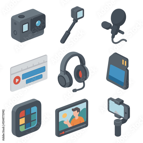 Travel Vlog Essentials. Isometric Flat icon set of travel vlogging essentials: action camera, selfie stick, microphone, gimbal