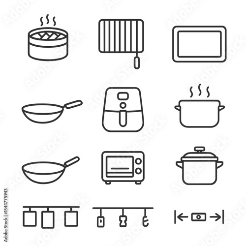 Healthy Cooking Icons. Outline icon set of healthy cooking methods: steaming basket, grilling rack, baking tray, sauté pan, air