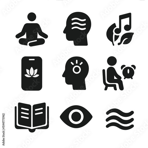 Mindfulness Education Icons. Solid, filled icons set of mindfulness and focus in education: meditation pose,