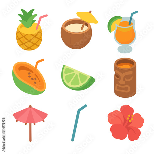 Tropical Cocktail Icons. Isometric Flat icon set of tropical fruit cocktails: pineapple, coconut, mango, papaya, lime wedge, tiki