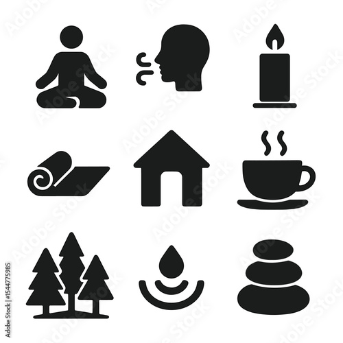 Mindfulness Practices Icons. Solid, filled icons set of mindfulness practices: meditation icon, breath icon,