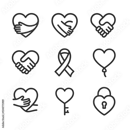Heart Icons Collection. Outline icon set of symbolic heart hugs: heart with arms, hugging heart, interlocked hearts, heart