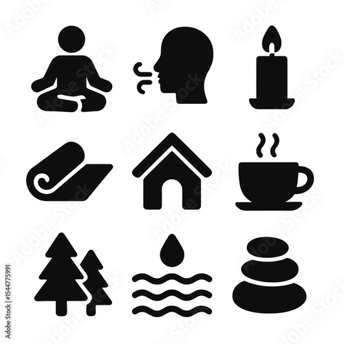 Mindfulness Practices Icons. Solid, filled icons set of mindfulness practices: meditation icon, breath icon,