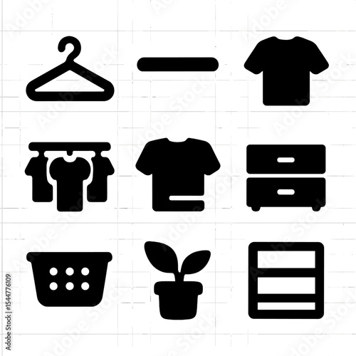 Minimalist Closet Icons. Solid, filled icons set of minimal closet: clean hanger, one bar, neutral shirt,