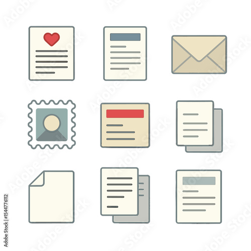 Typed Correspondence Icons. Isometric Flat icon set of typewritten correspondence: love letter, business letter, envelope, postage