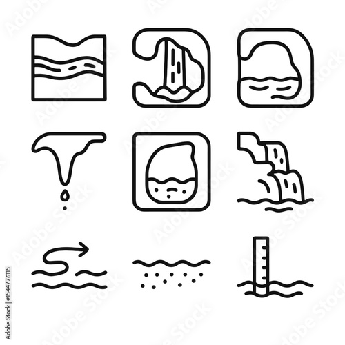 Underground Water Icons. Outline icon set of underground water features: subterranean river, waterfall, pool, dripstone, sump,