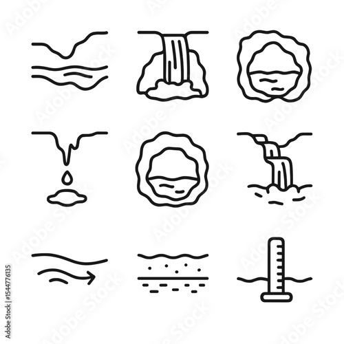 Underground Water Icons. Outline icon set of underground water features: subterranean river, waterfall, pool, dripstone, sump,