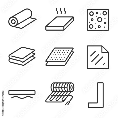 Underlay Icon Set. Outline icon set of underlay and soundproofing solutions: acoustic underlay roll, thermal underlay sheet, cork