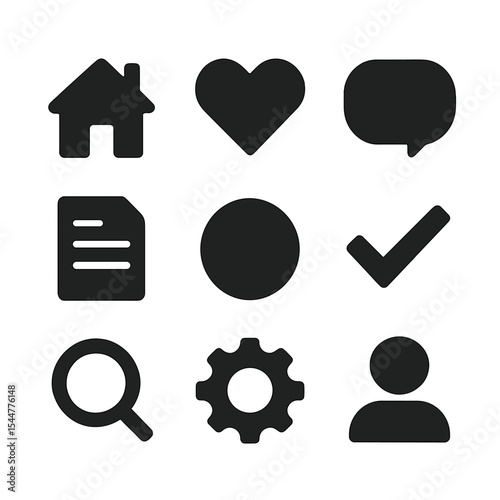 Minimalist Icon Grid. Solid, filled icons set of modern minimalist typography: clean sans-serif, open kerning,