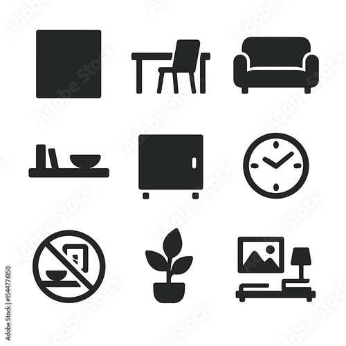 Minimalist Home Icons. Solid, filled icons set of minimalist home interiors: blank wall, clean desk, neutral