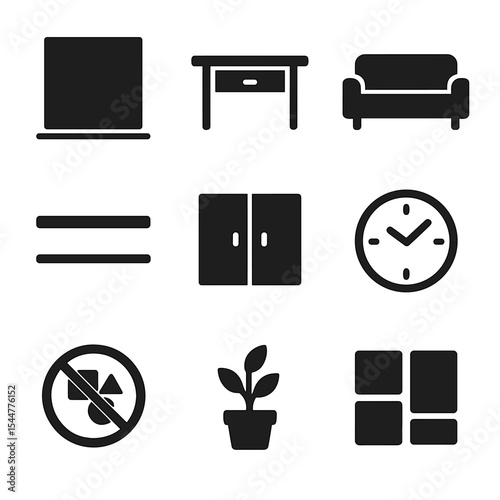 Minimalist Home Icons. Solid, filled icons set of minimalist home interiors: blank wall, clean desk, neutral