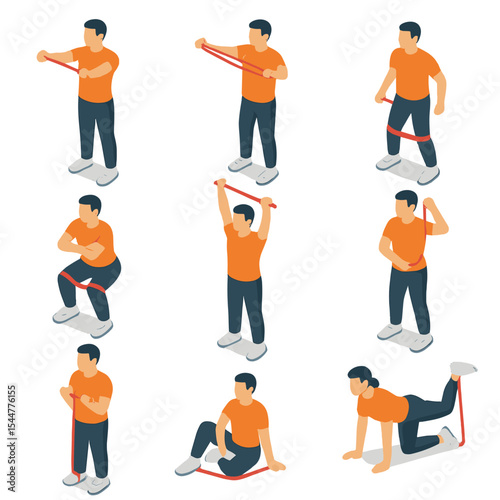 Resistance Band Exercise Icons. Isometric Flat icon set of resistance band warm-ups: chest pull, band pull-apart, lateral walk,