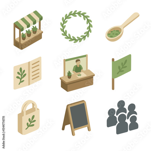 Herb Festival Icons. Isometric Flat icon set of herb festival and market: vendor stall, herb wreath, tasting spoon, recipe card,