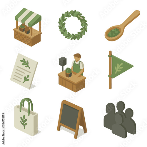 Herb Festival Icons. Isometric Flat icon set of herb festival and market: vendor stall, herb wreath, tasting spoon, recipe card,