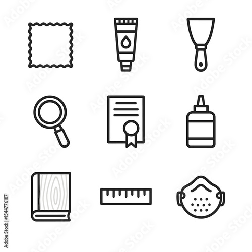 Restoration Icon Set. Outline icon set of restoration and appraisal: polishing cloth, wood filler tube, paint scraper, magnifier