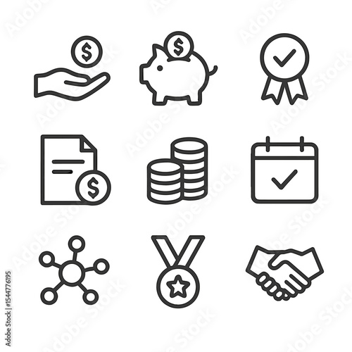 Restoration Funding Icons. Outline icon set of restoration funding and partnerships: donation hand, piggy bank, sponsor badge,