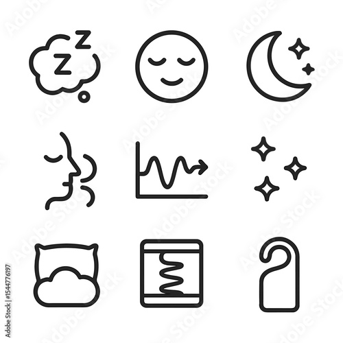 Restorative Sleep Icons. Outline icon set of restorative sleep: Zzz bubbles, calm face, moon icon, star cluster, breathing icon,