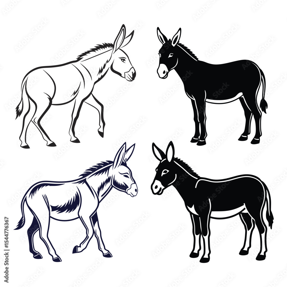 Fototapeta premium Donkey silhouette vector illustration bundle set