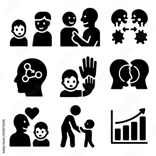 Mirror Neurons Icons. Solid, filled icons set of mirror neurons and emotional learning: observing child,