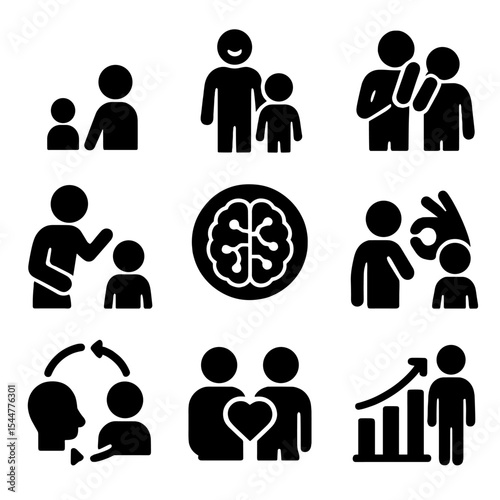 Mirror Neurons Icons. Solid, filled icons set of mirror neurons and emotional learning: observing child,