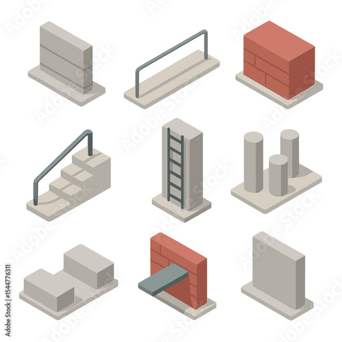 Urban Parkour Obstacles. Isometric Flat icon set of urban parkour obstacles: concrete wall, rail grind, vault box, stair rail,