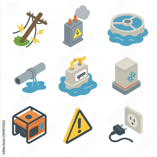 Utilities Impact Icons. Isometric Flat icon set of impact on utilities: fallen power line, damaged transformer, submerged water