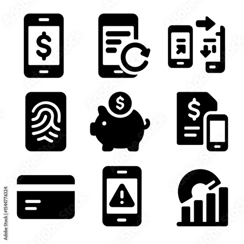 Mobile Banking Icons. Solid, filled icons set of mobile banking features: balance check, transaction history,