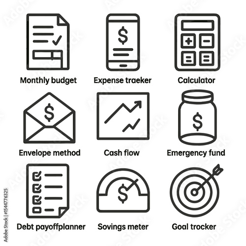 Retirement Budgeting Icons. Outline icon set of retirement budgeting tools: monthly budget sheet, expense tracker app, calculator,