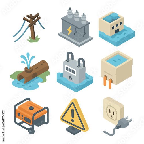 Utilities Impact Icons. Isometric Flat icon set of impact on utilities: fallen power line, damaged transformer, submerged water