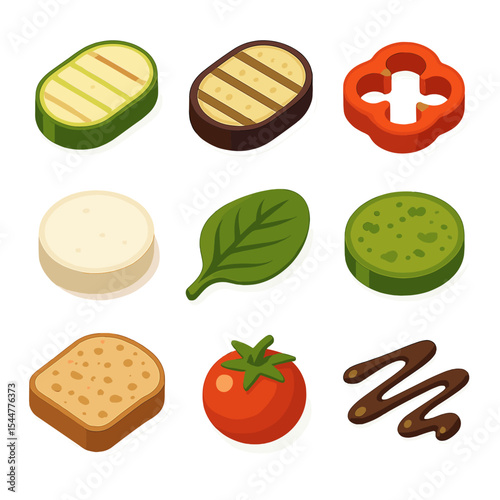 Vegetarian Sandwich Icons. Isometric Flat icon set of vegetarian sandwich options: grilled zucchini, roasted eggplant, bell pepper