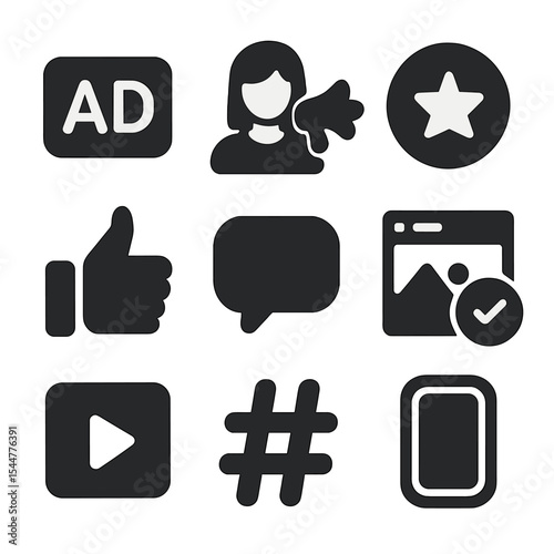 Modern Ad Icons. Solid, filled icons set of sponsored content and ads: ad icon, influencer, brand logo, thumbs up, comment icon, sponsored post, video play, hashtag, story icon.