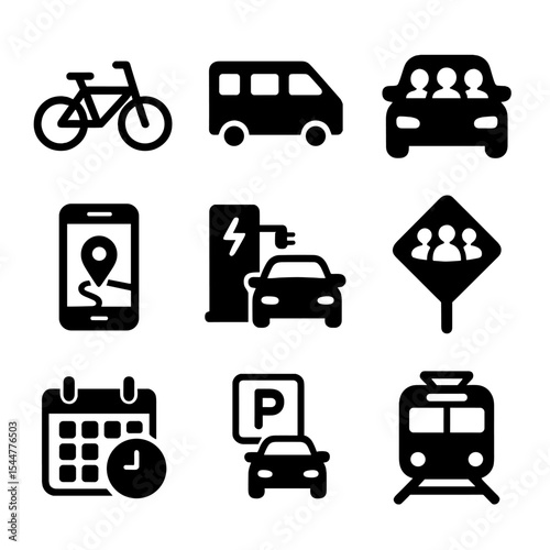 Modern Commute Icons. Solid, filled icons set of work commute solutions: bike to work, shared vanpool