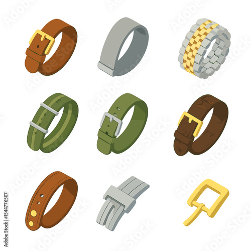 Vintage Watch Straps Icons. Isometric Flat icon set of vintage straps and bracelets: leather strap, Milanese mesh, jubilee