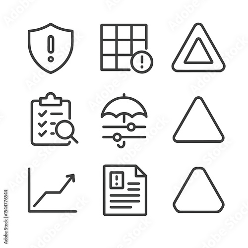 Risk Management Icons. Outline icon set of risk management frameworks: shield with exclamation, risk matrix grid, hazard triangle,