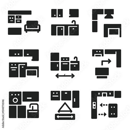 Modern Kitchen Icon Designs. Solid, filled icons set of kitchen layout ideas: open concept, galley kitchen,