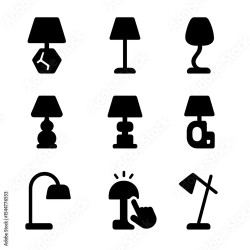Modern Lamp Icons. Solid, filled icons set of modern lamp designs: geometric base, minimalist lamp, sculptural